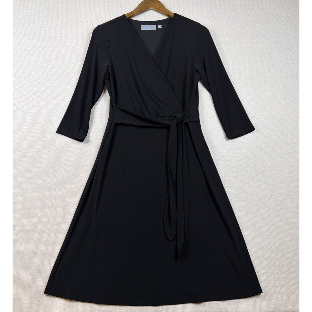 B-Slim NY Collection Faux Wrap Knee Length Dress Size M Black Office Minimalist
